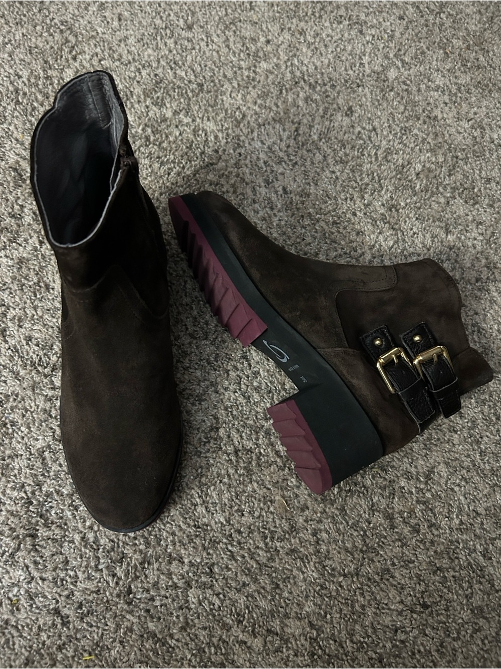 kanna Brown Suede Ankle Booties w/ Buckle Trim and Burgundy Lug Sole, Size EU 38
